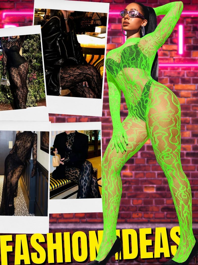 EHSUYAB Women Sexy Fishnet Full Bodysuit, Mesh Lace Poster Jumpsuit Glow Party Rave Outfits, Body Stockings Halloween Costume - Image 3